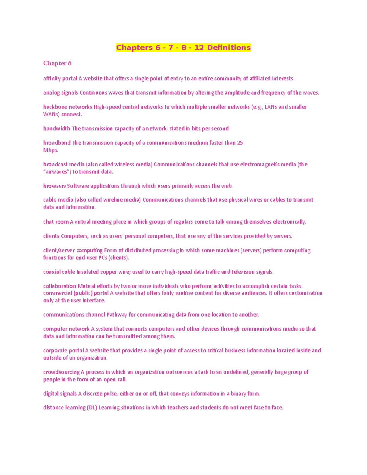 6,7,8,12 Summary - Chapters 6 - 7 - 8 - 12 Definitions Chapter 6 ...