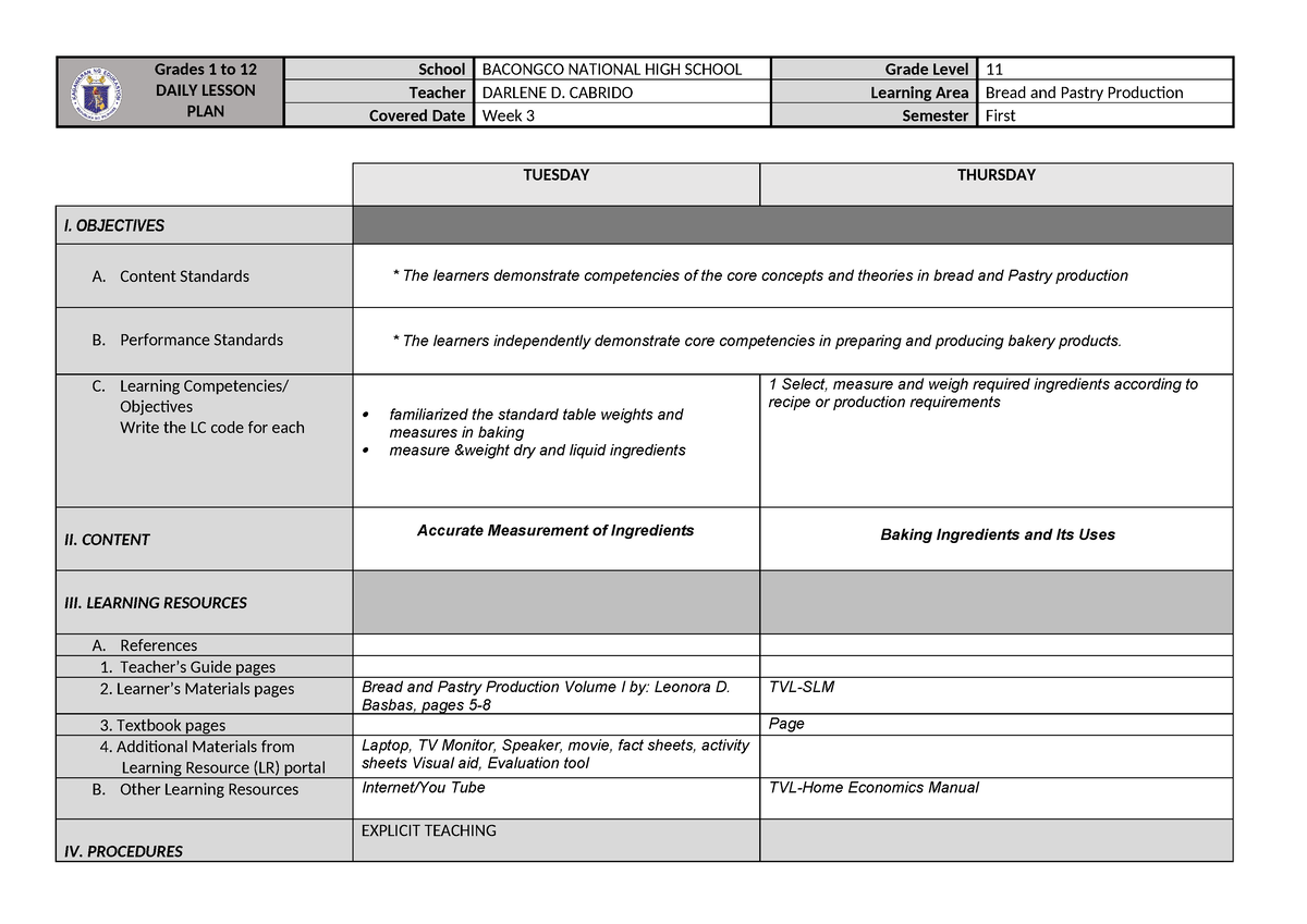 Q1-W3 - DLL - Grades 1 To 12 DAILY LESSON PLAN School BACONGCO NATIONAL ...