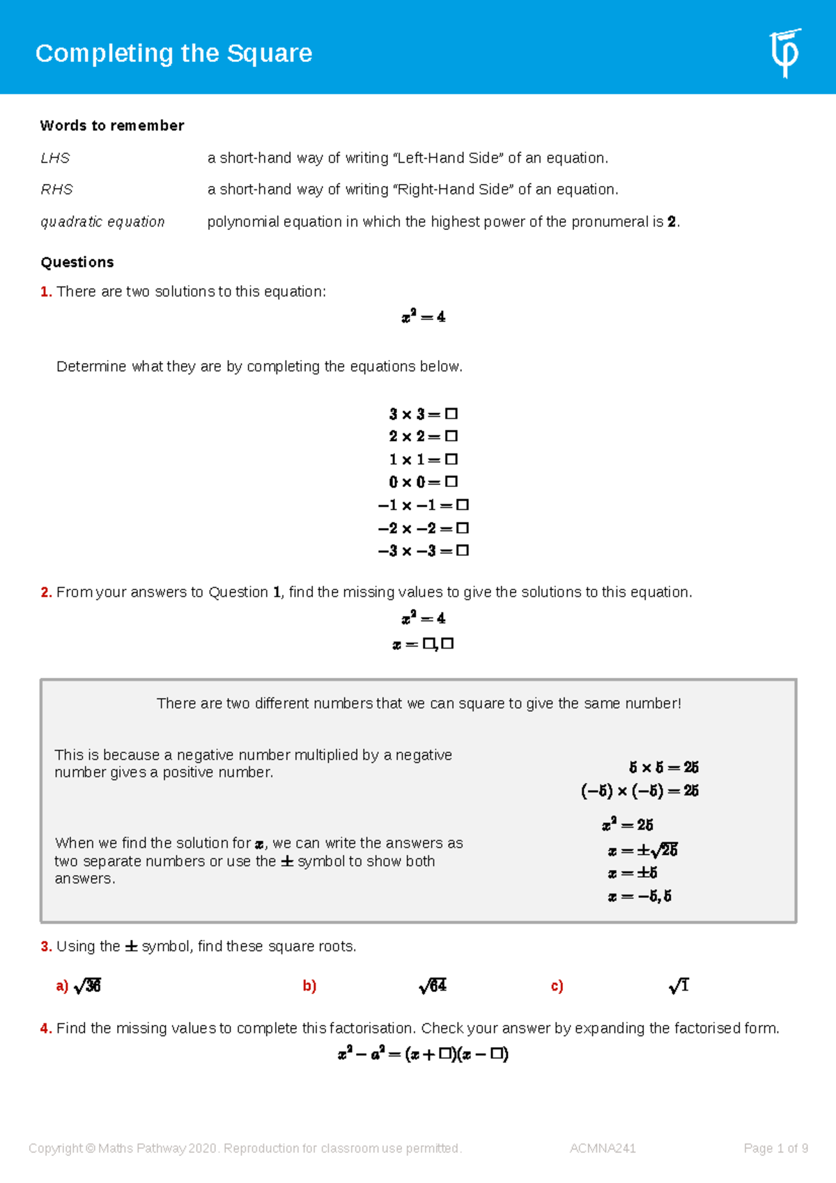 completing-the-square-words-to-remember-lhs-a-short-hand-way-of-writing