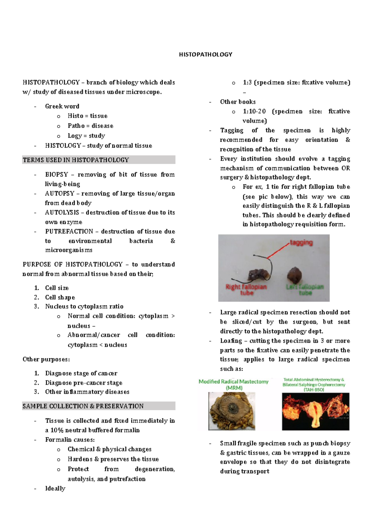 Trans- Histo - HISTOPATHOLOGY – branch of biology which deals w/ study ...