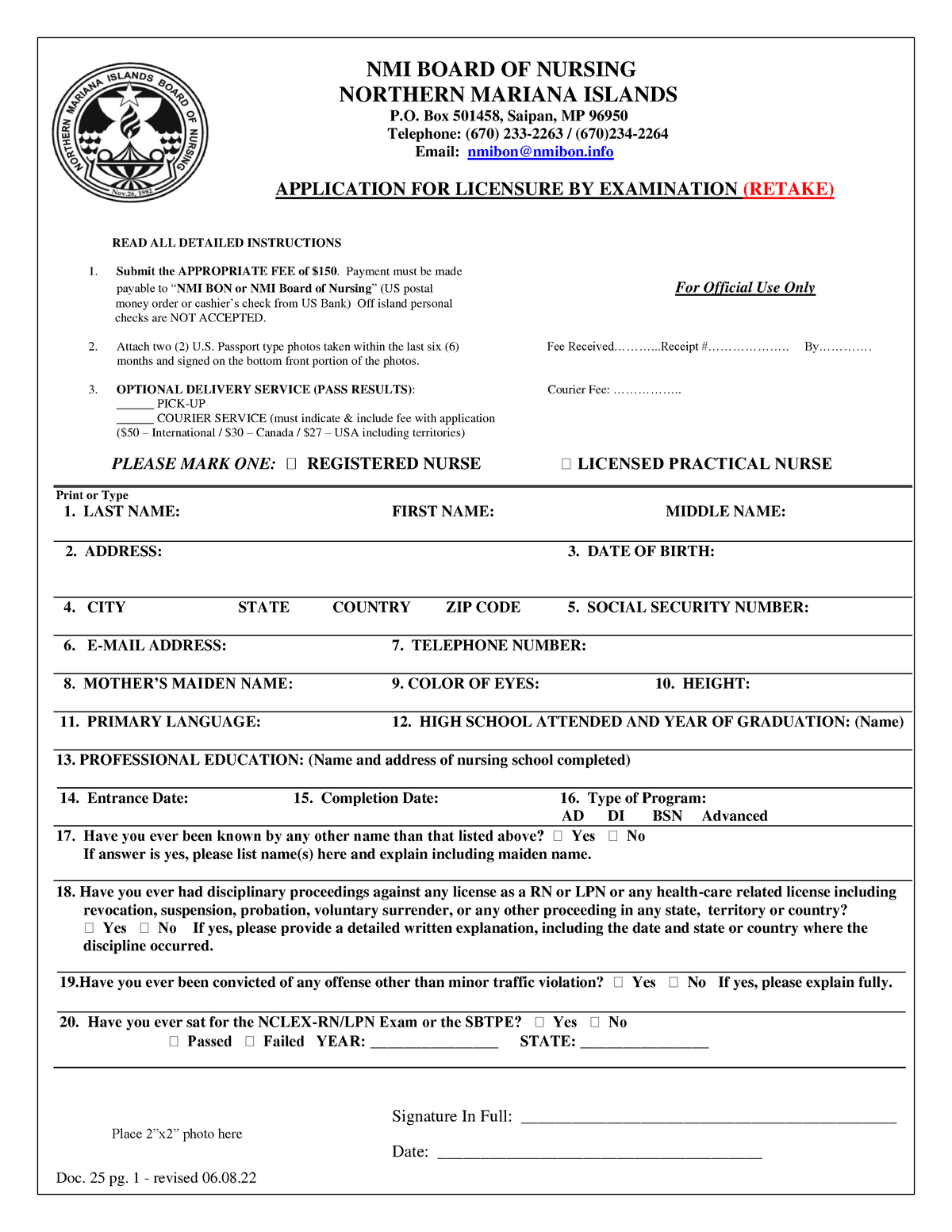 NMI Application FOR Retake - Doc. 25 pg. 1 - revised 06. NMI BOARD OF ...