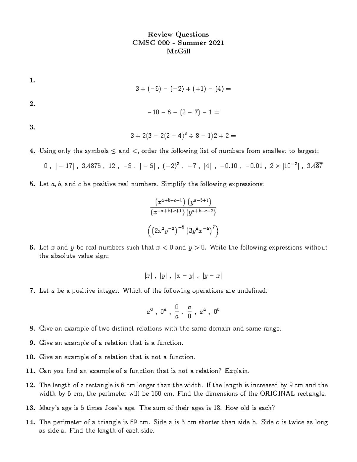 Review Questions CMSC 000 - Summer 2021 - 3 + (−5) − (−2) + (+1) − (4 ...