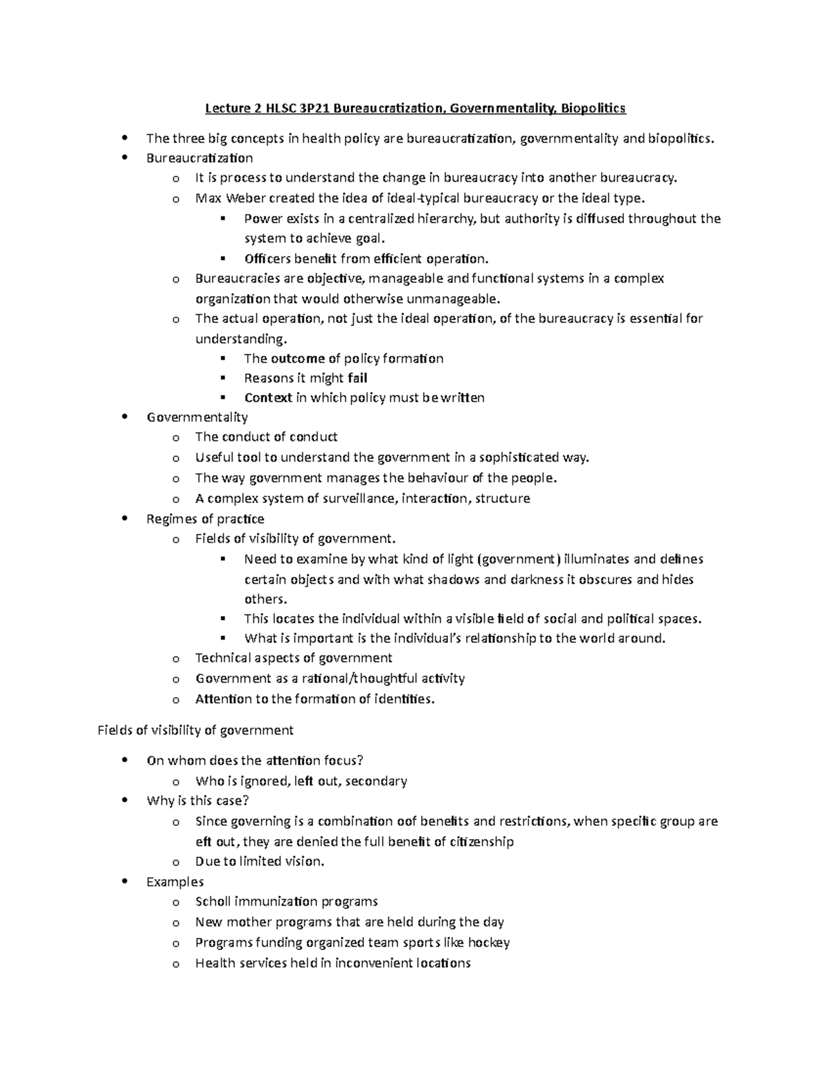 Lecture Notes Second - Lecture 2 HLSC 3P21 Bureaucratization ...
