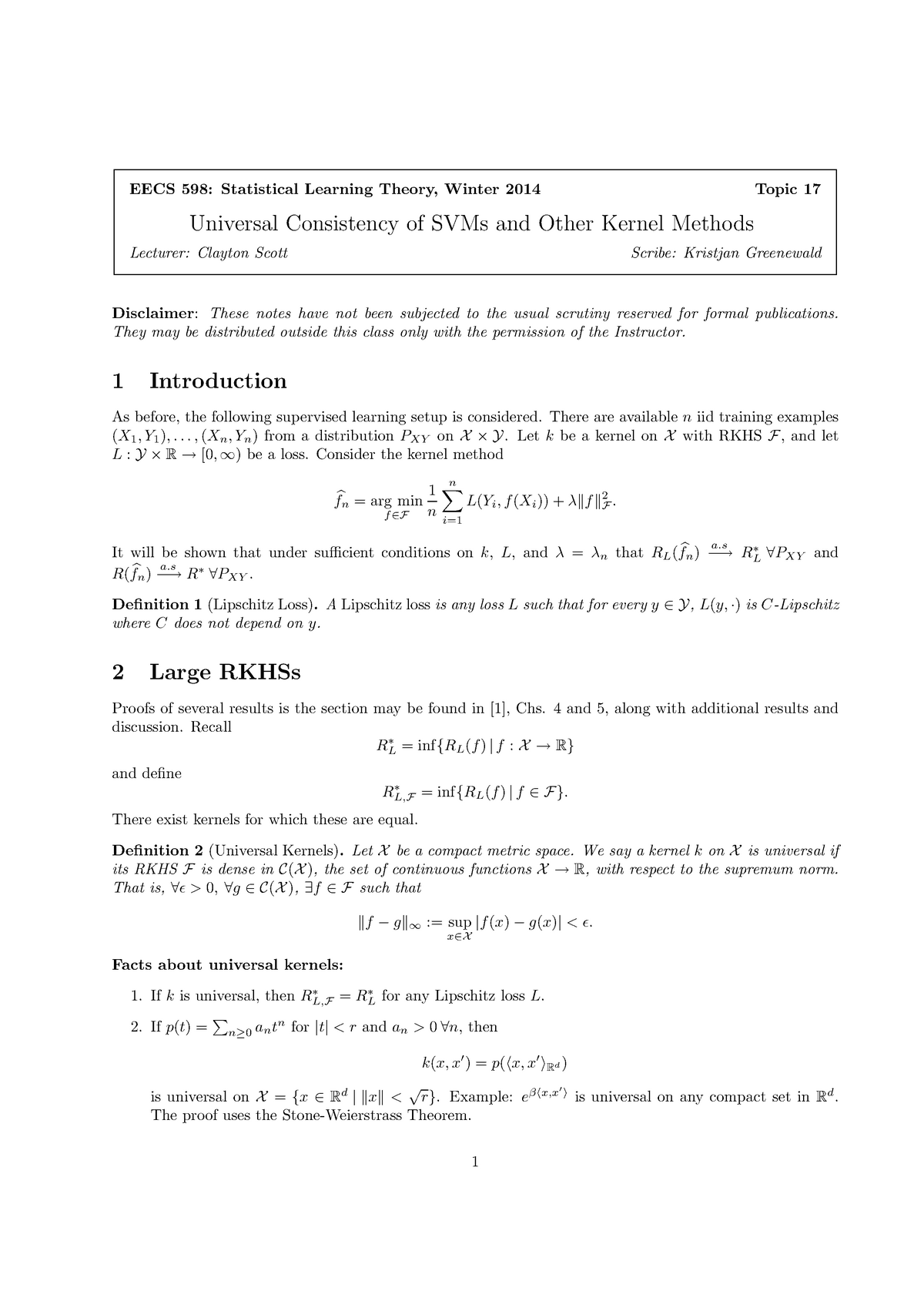 Lecture Notes Lecture 17 Svm Consistency Eecs 598 Statistical Studocu