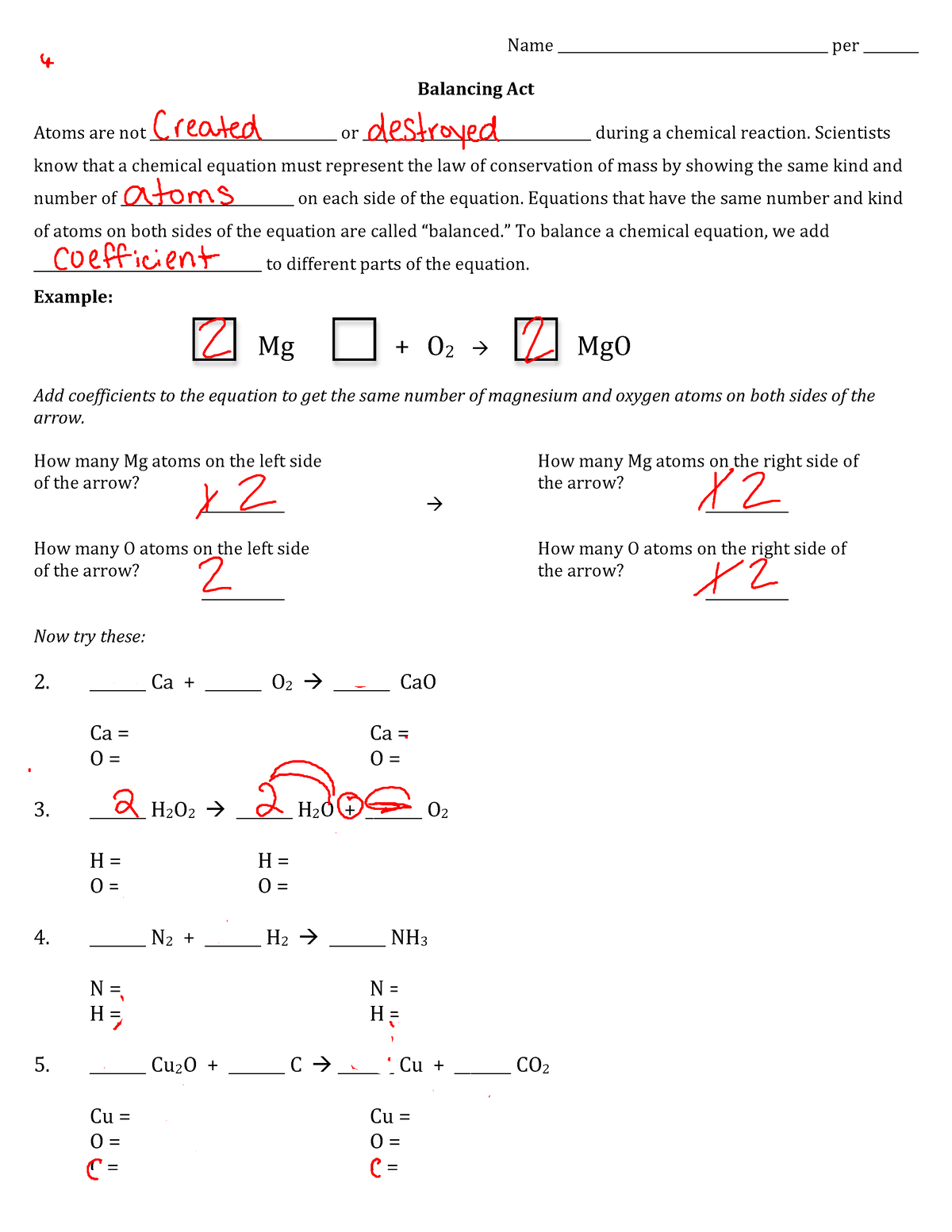 Balancing Equations Homework - ©Jan Parker, The Science Vault, 2008 ...