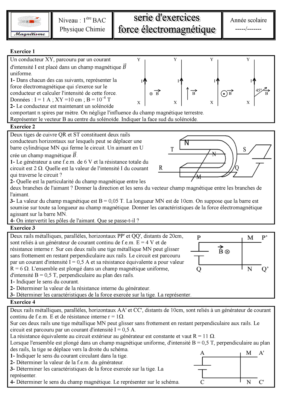 Les Forces Electromagnetiques La Loi De Laplace Exercices Non Corriges ...