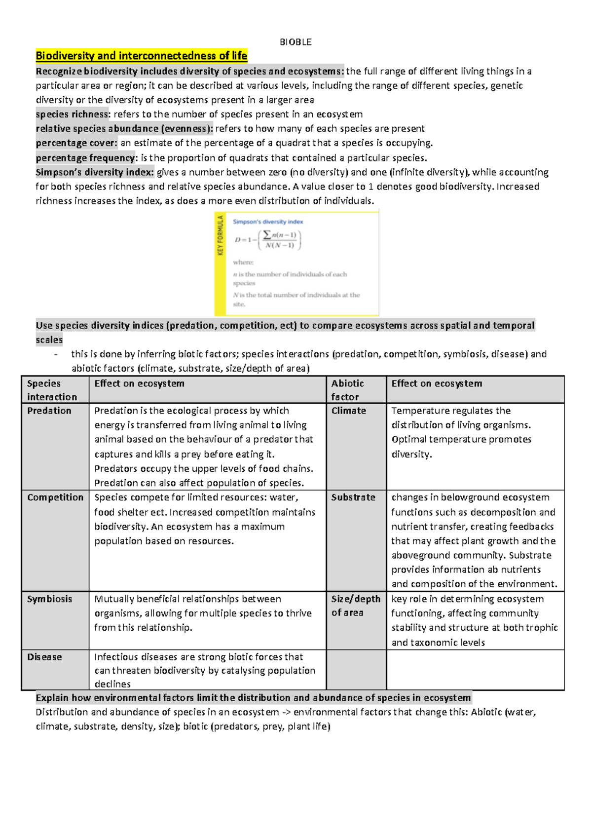 Summary Notes Biology - Biodiversity and interconnectedness of life ...