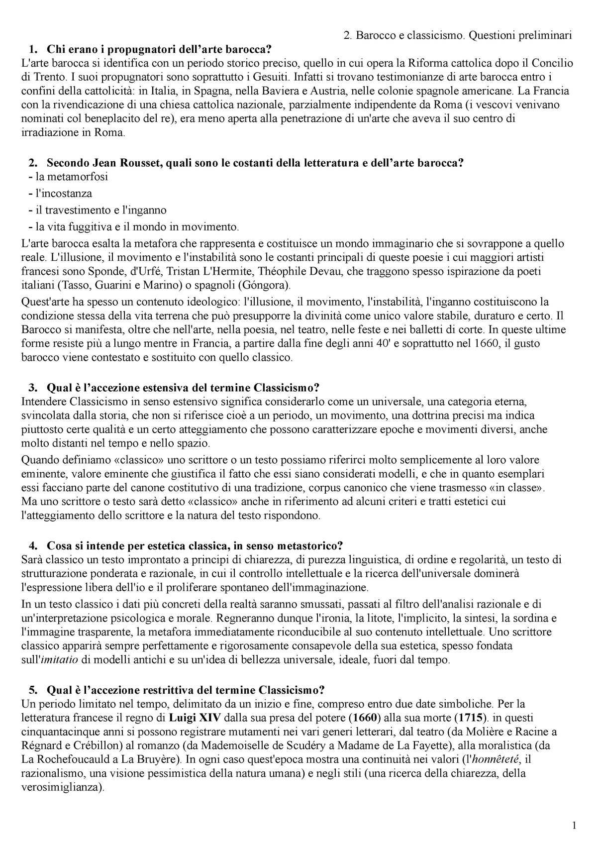 Letteratura francese II aperte pt 1 - 1 Barocco e classicismo. Questioni  preliminari 1. Chi erano i - Studocu