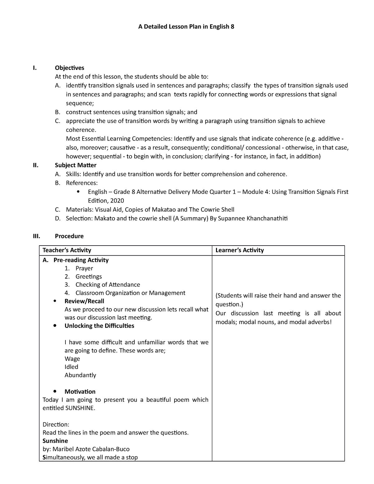 Blooms LPgraciela - for download purpose - A Detailed Lesson Plan in ...