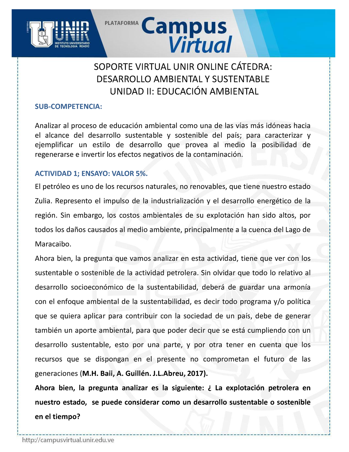 Actividad II - Asunto - SOPORTE VIRTUAL UNIR ONLINE C¡TEDRA: DESARROLLO ...