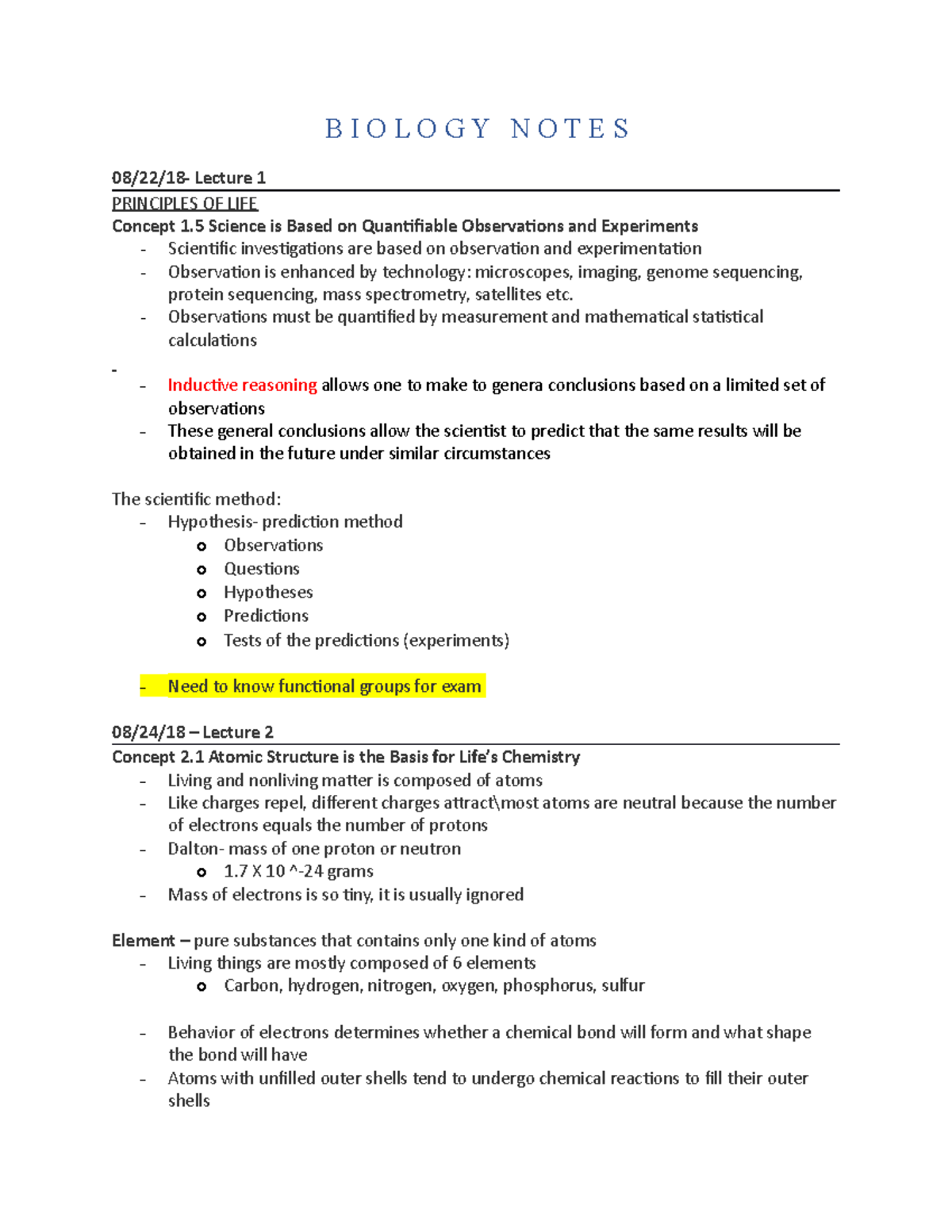 B I O N O T E S - Lecture notes 1-6 - BIOLOGY NOTES Lecture 1 ...