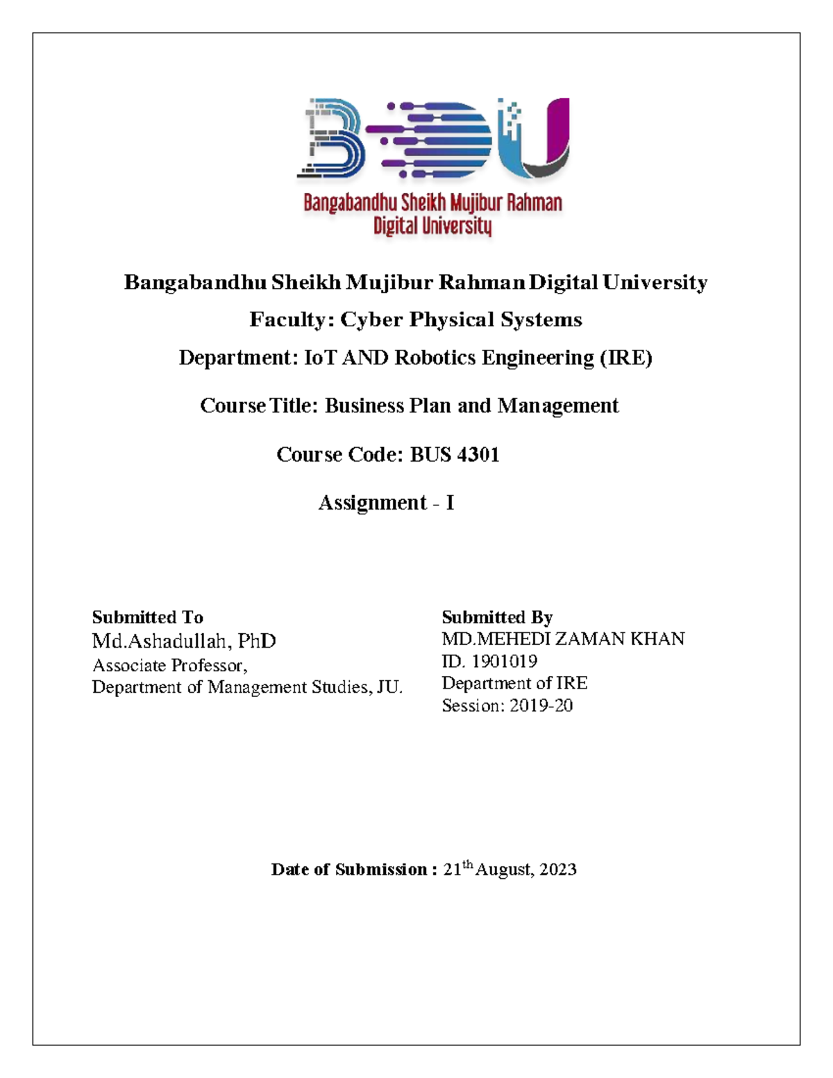 Assignment 1 (1901019) - Bangabandhu Sheikh Mujibur Rahman Digital ...