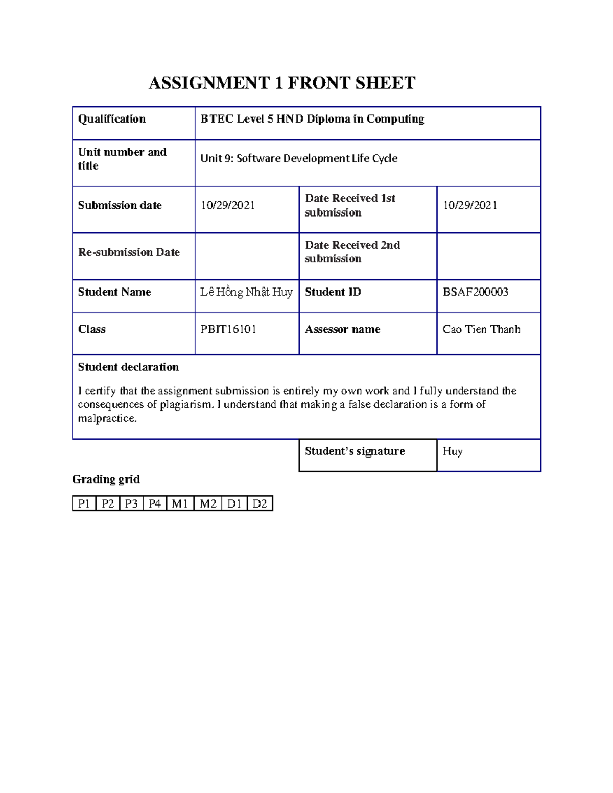 Assignment-1- Front- Sheet Le Hong Nhat Huy - ASSIGNMENT 1 FRONT SHEET ...