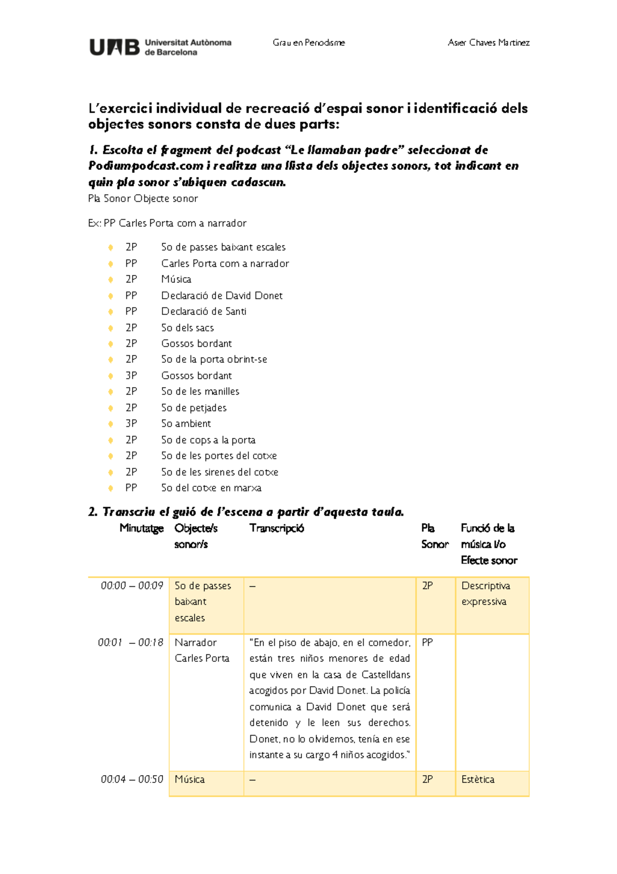 Creació espai sonor - L'exercici individual de recreació d'espai sonor i  identificació dels objectes - Studocu