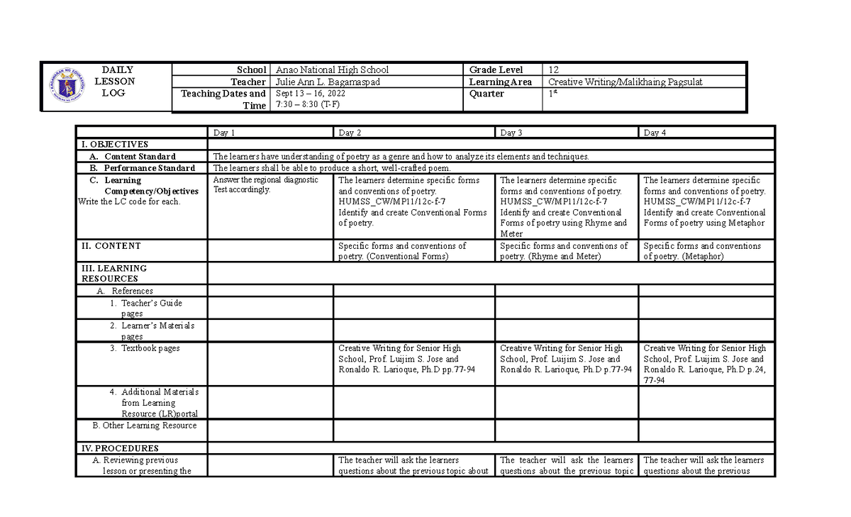 CW Dll Q1 CW MP11 12-Ia-b-7 - DAILY LESSON LOG School Anao National ...