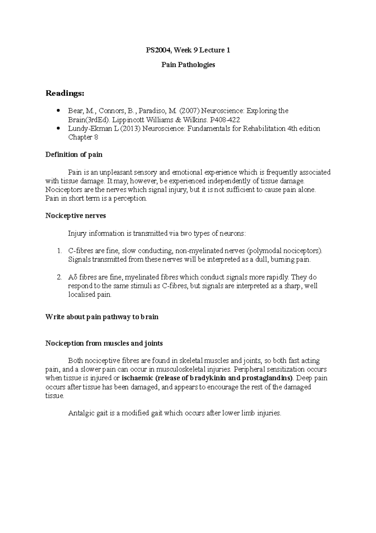 Lecture 1 - Pathology of pain - PS2004, Week 9 Lecture 1 Pain ...