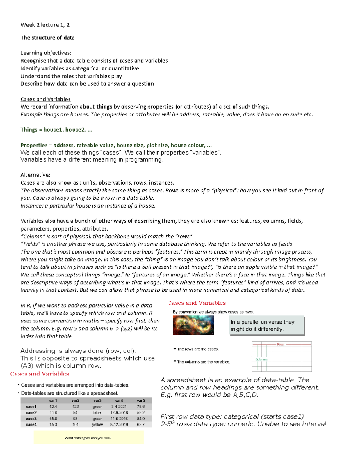 Week 2 Lectures - Own Notes - Week 2 Lecture 1, 2 The Structure Of Data ...