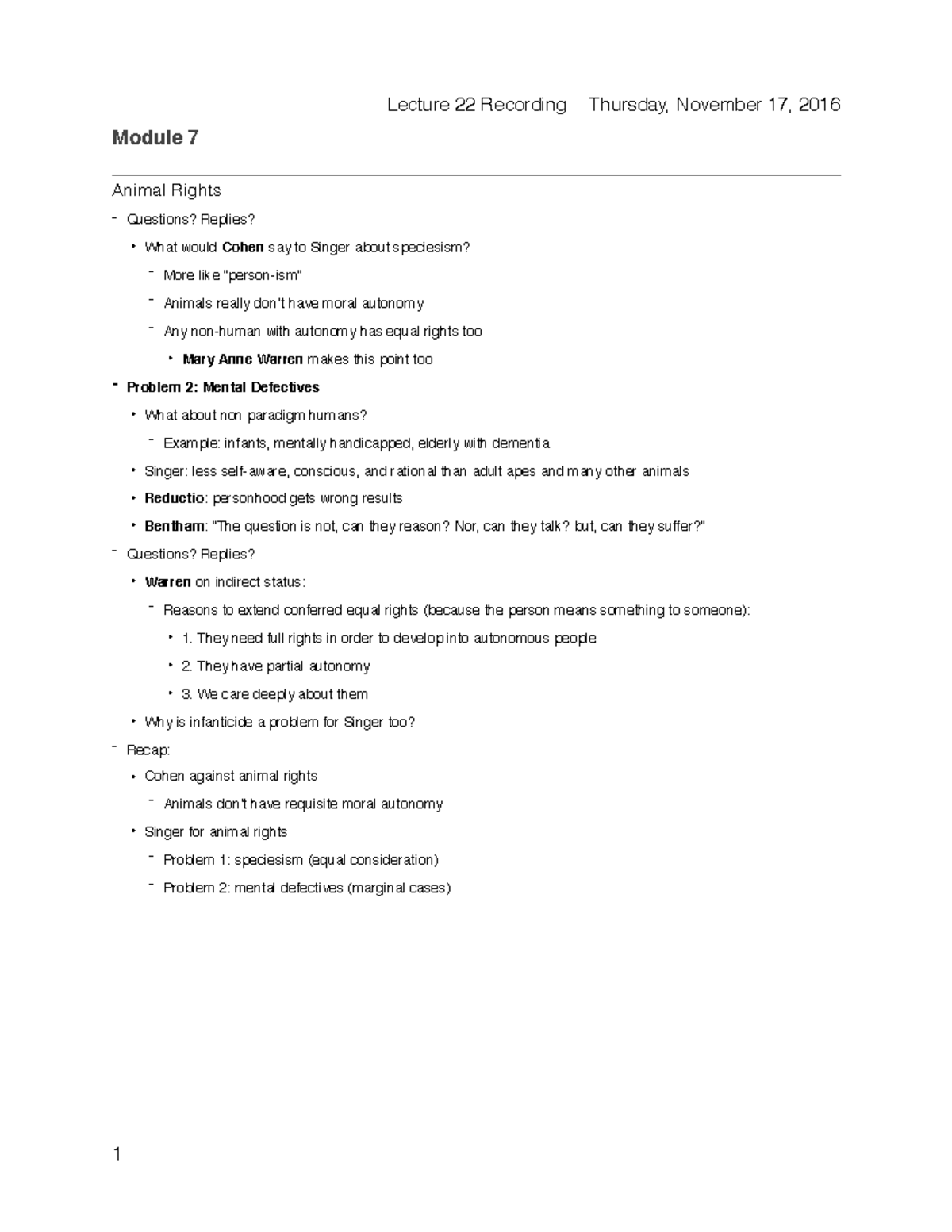 Lecture 22 Lecture 22 Recording Thursday, November 17, 2016 Module 7