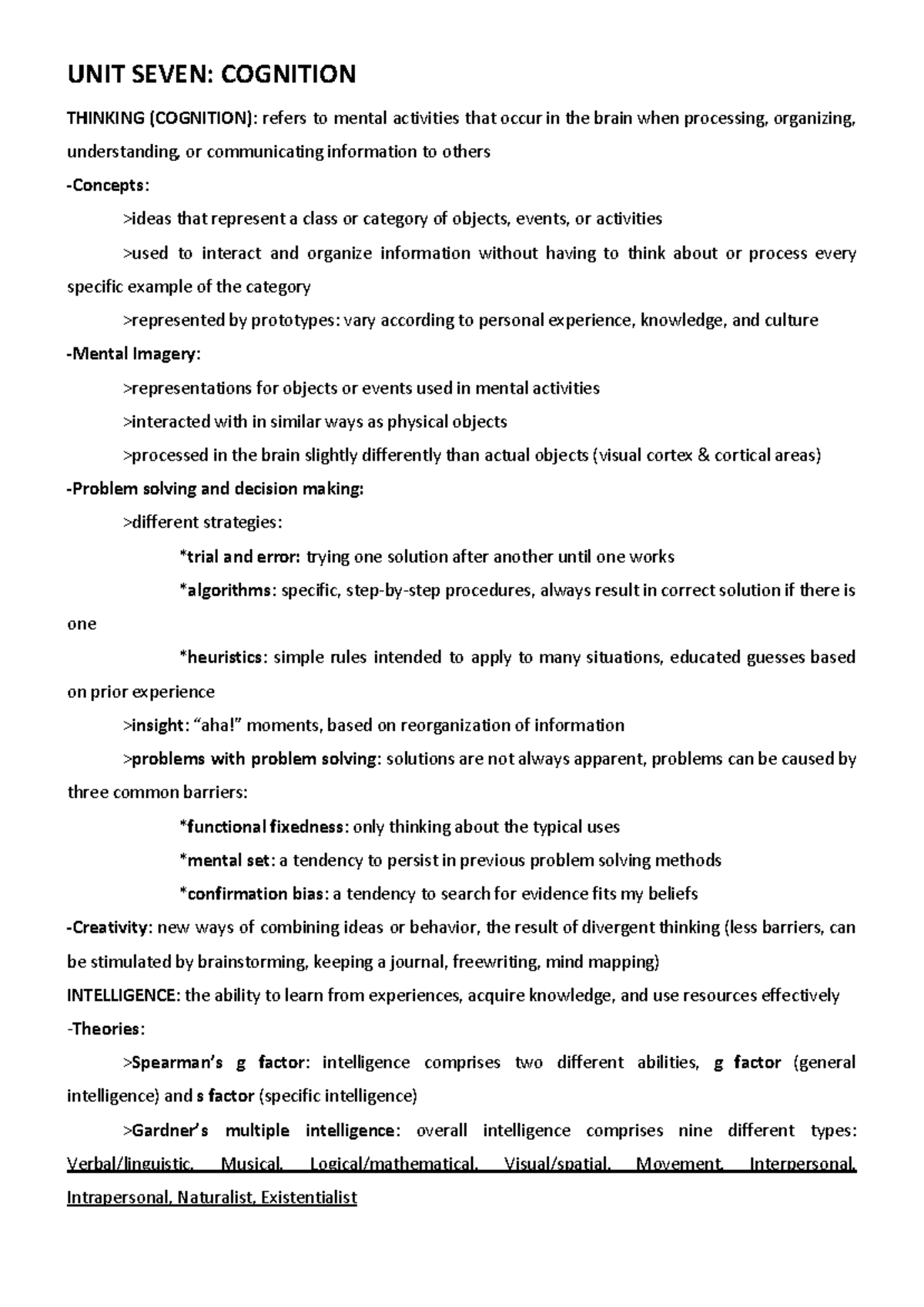 Psycho Review 2 - UNIT SEVEN: COGNITION THINKING refers to mental ...