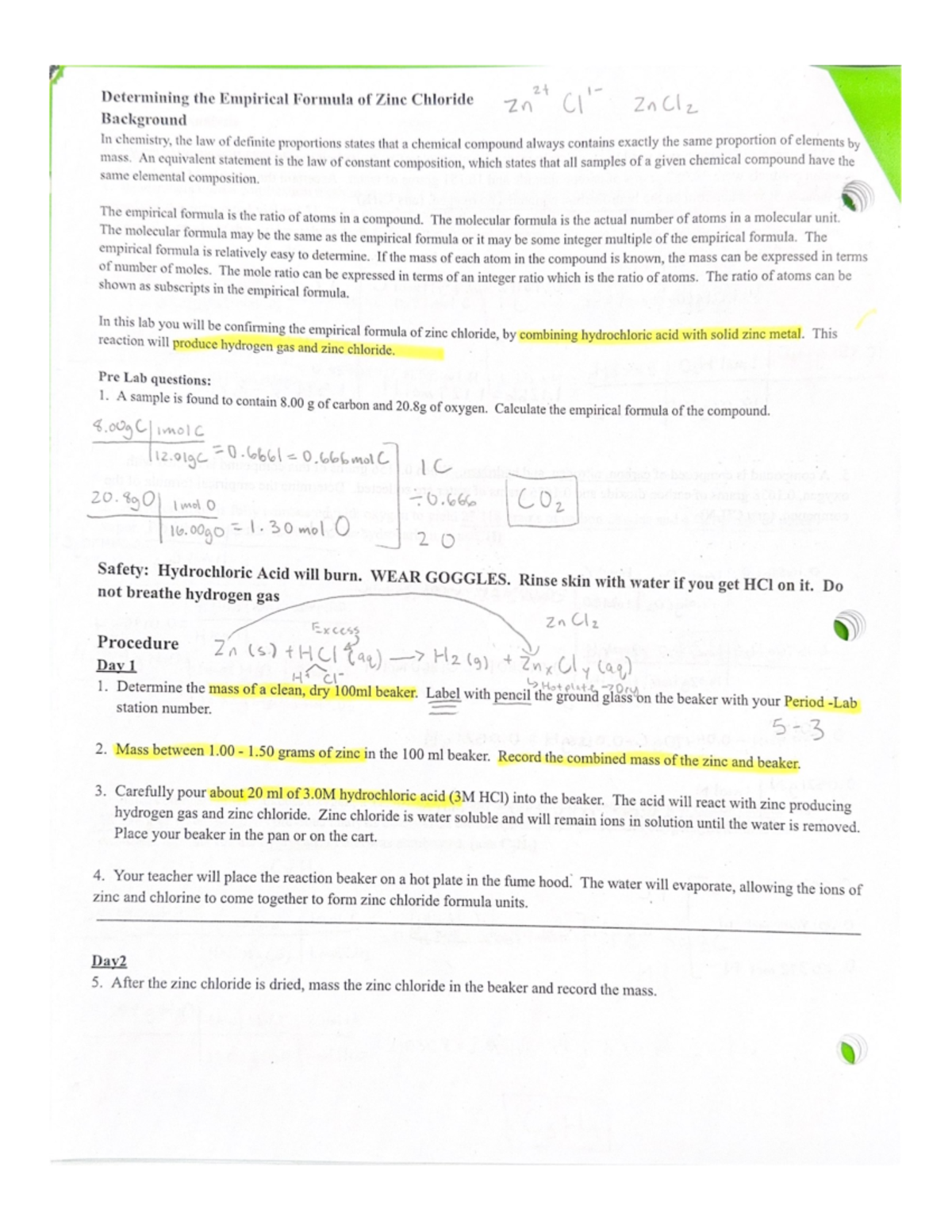 Empirical formula of zinc chloride lab Studocu