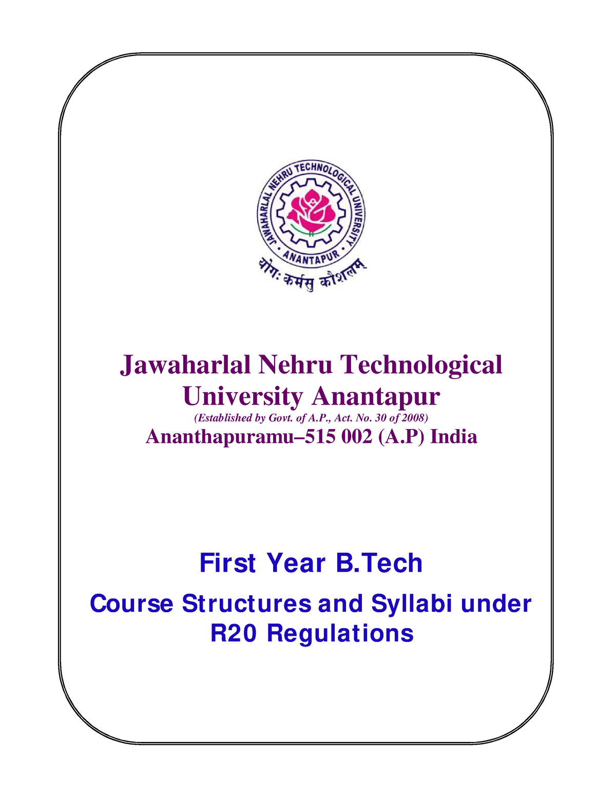 Jntua R20 B.Tech CSE Course Structure 2020 21 - Jawaharlal Nehru ...