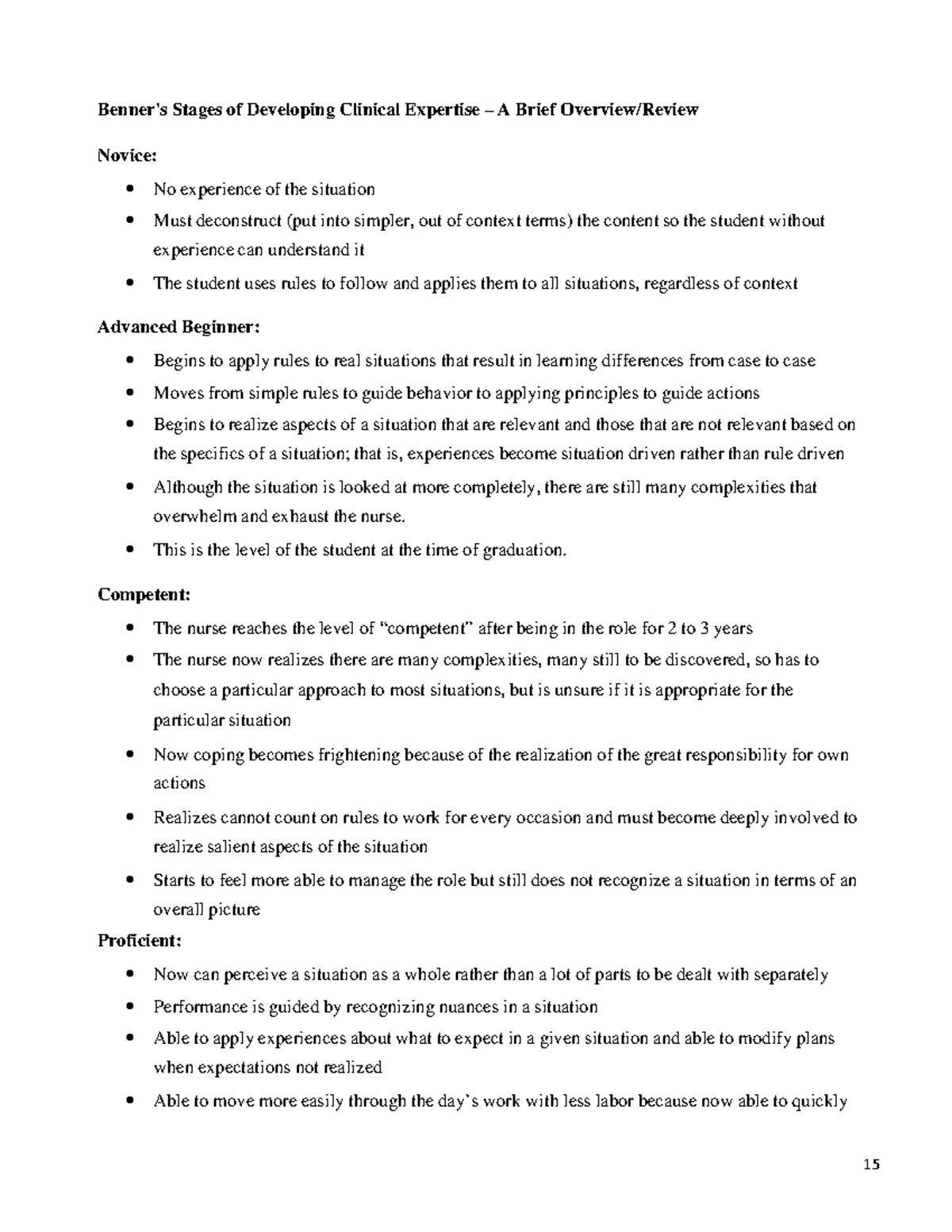 1. Benner summary - 15 Benner's Stages of Developing Clinical Expertise ...