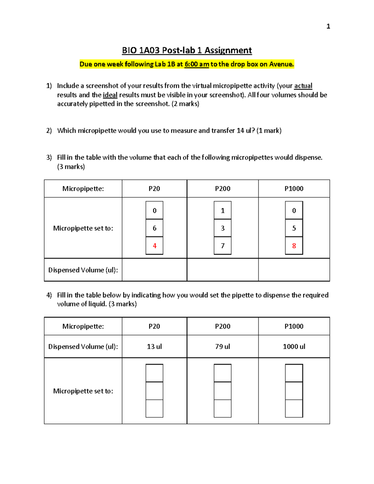 Post-lab 1 Assignment template for bio1a03 - 1 BIO 1A03 Post-lab 1 ...