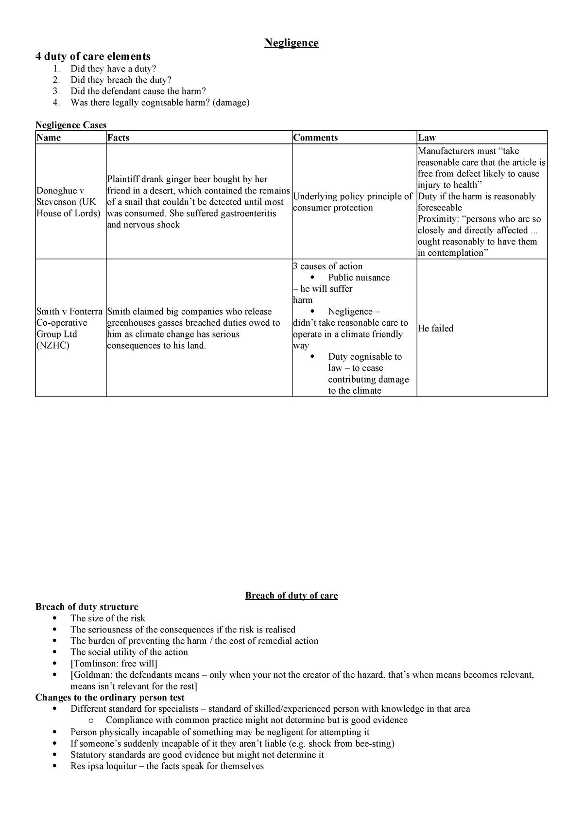 Law of Negligence cheat sheet - Negligence 4 duty of care elements 1 ...