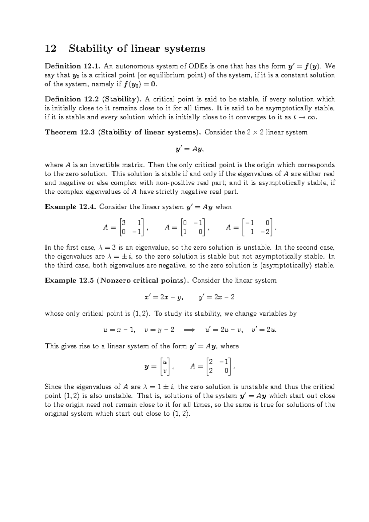 MA2327 2016-2017 Lecture Notes 12 - Stability Of Linear Systems - 12 ...