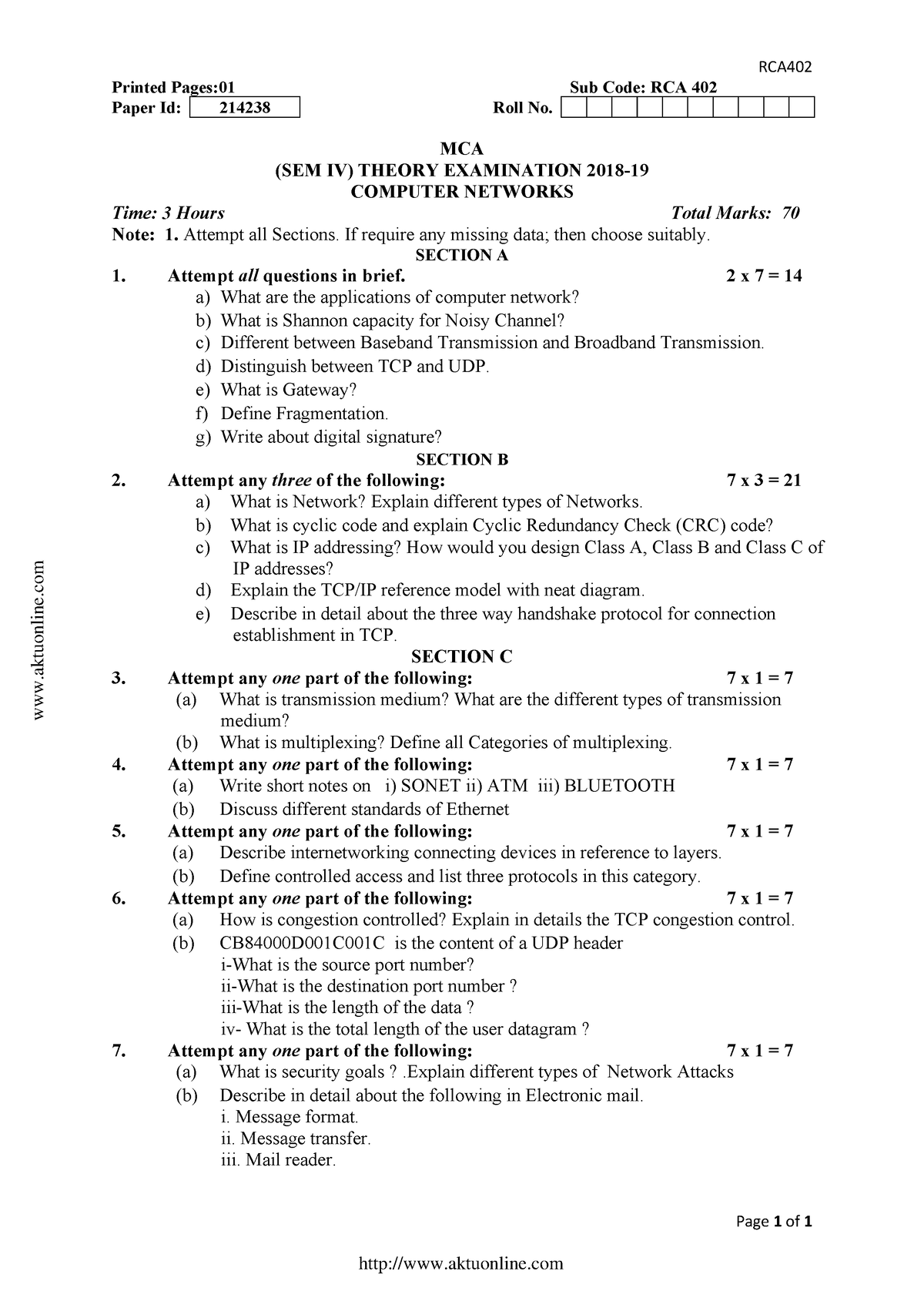 Mca 4 sem computer networks rca402 2019 - RCA Page 1 of 1 Printed Pages ...