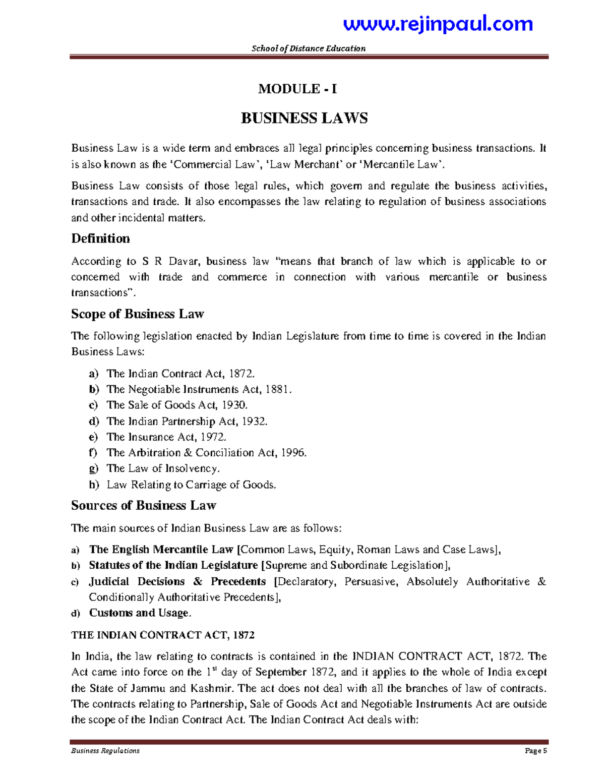 Legal Aspects Of Business Notes 1 School Of Distance Education MODULE 