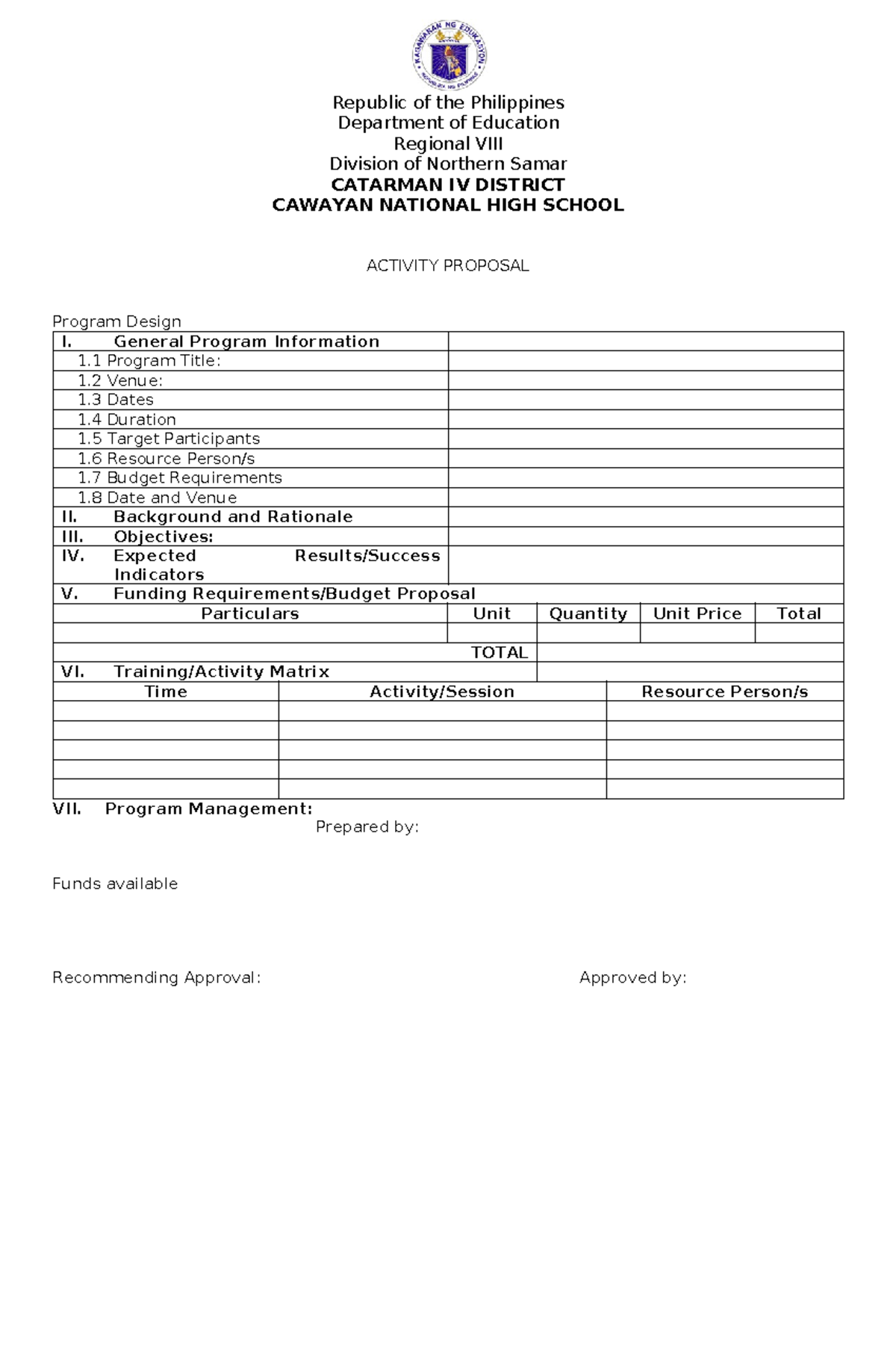 Activity Proposal - Republic of the Philippines Department of Education ...