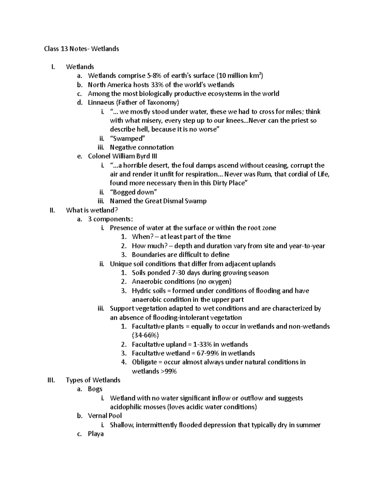 FIW2114- Class 13 Notes - Class 13 Notes- Wetlands I. Wetlands a ...