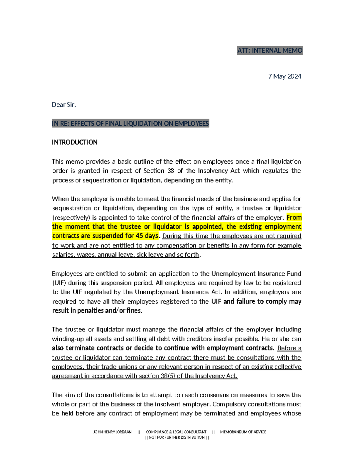 Advice Memo - Employees of a Liquidated Entity - ATT: INTERNAL MEMO 7 ...