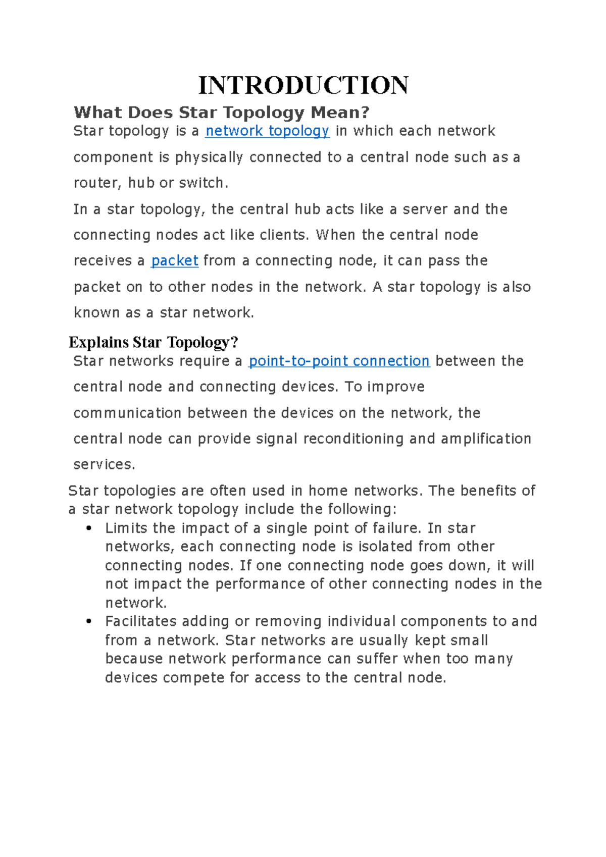 Idt report 2 INTRODUCTION What Does Star Topology Mean? Star topology