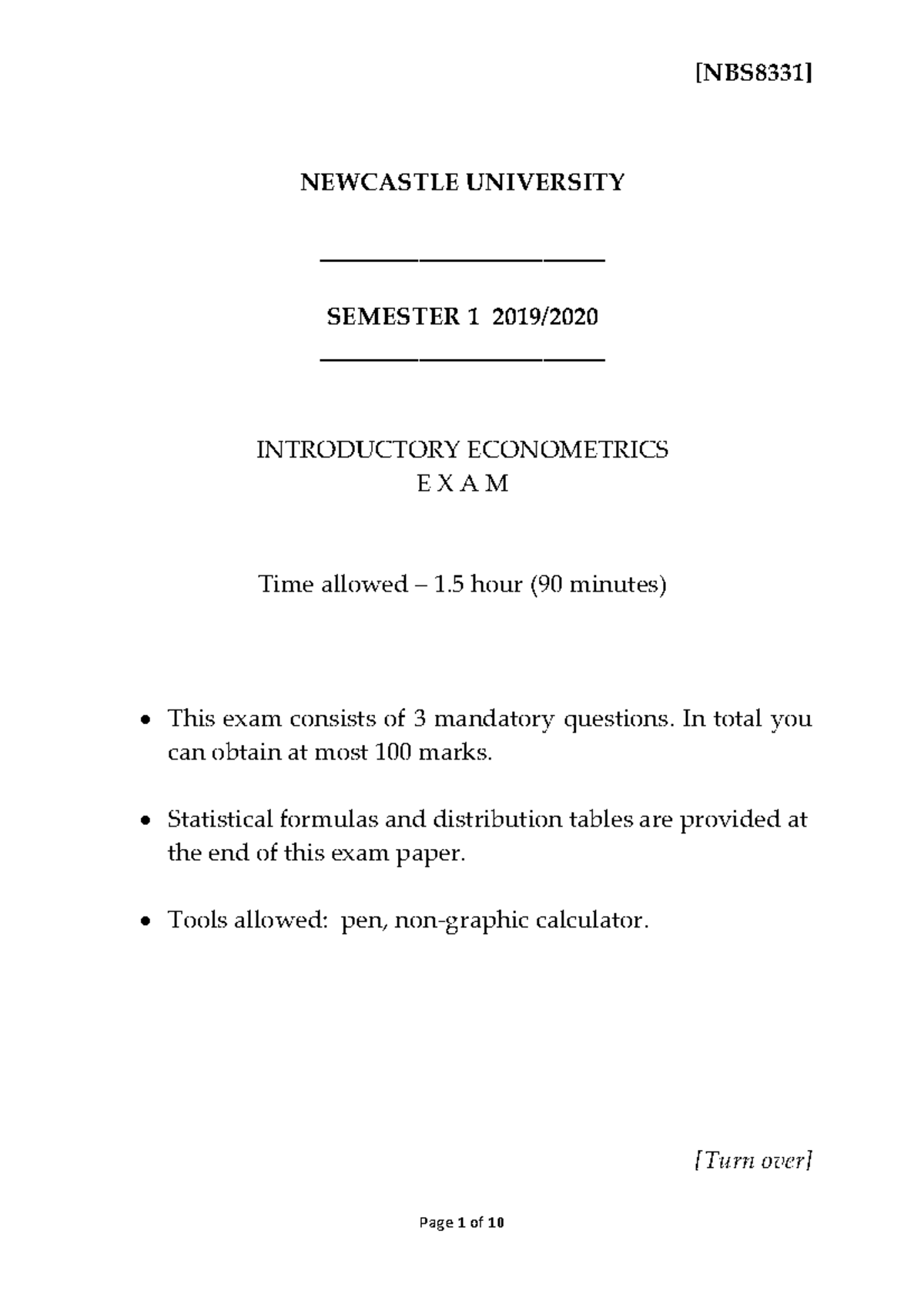 2019/ 2020 Exam for introductory econometrics - NEWCASTLE UNIVERSITY