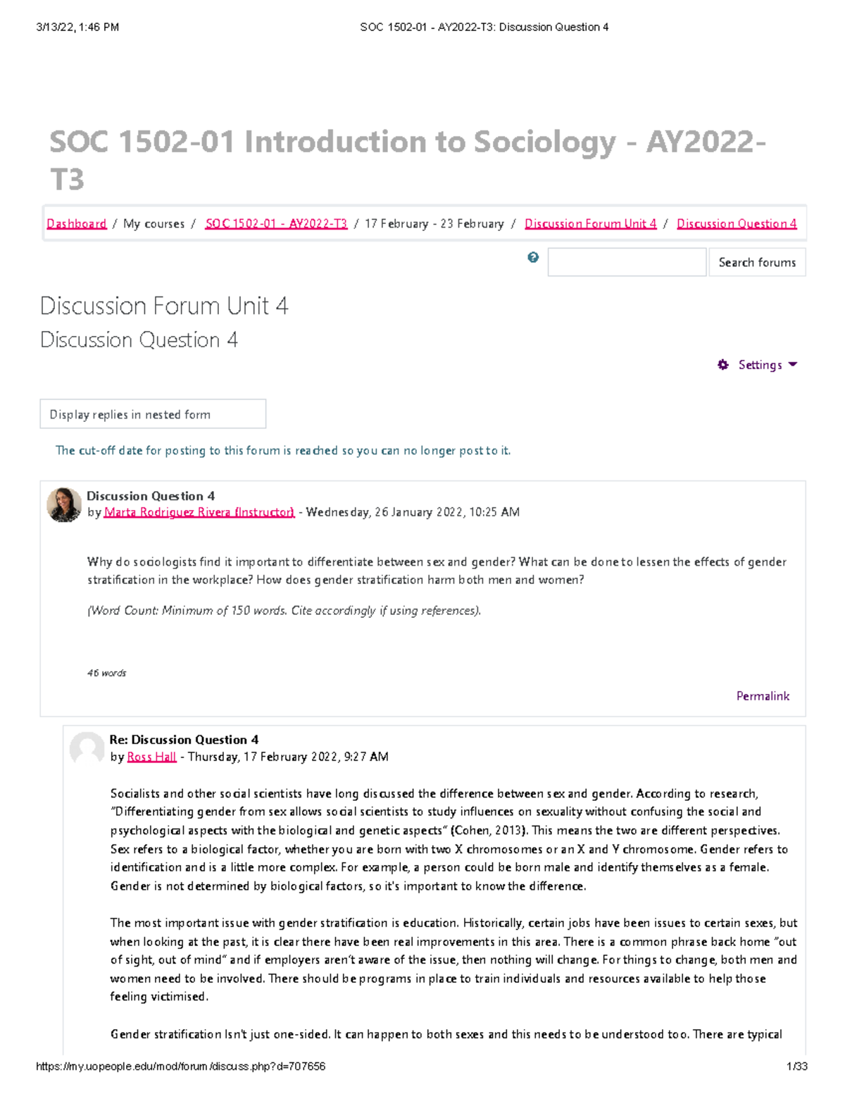 SOC 1502- Discussion Question 4 - SOC 1502-01 Introduction to Sociology ...