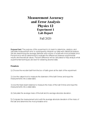 Lab Experiment 1 - Measurement Accuracy and Error Analysis Physics 12 ...