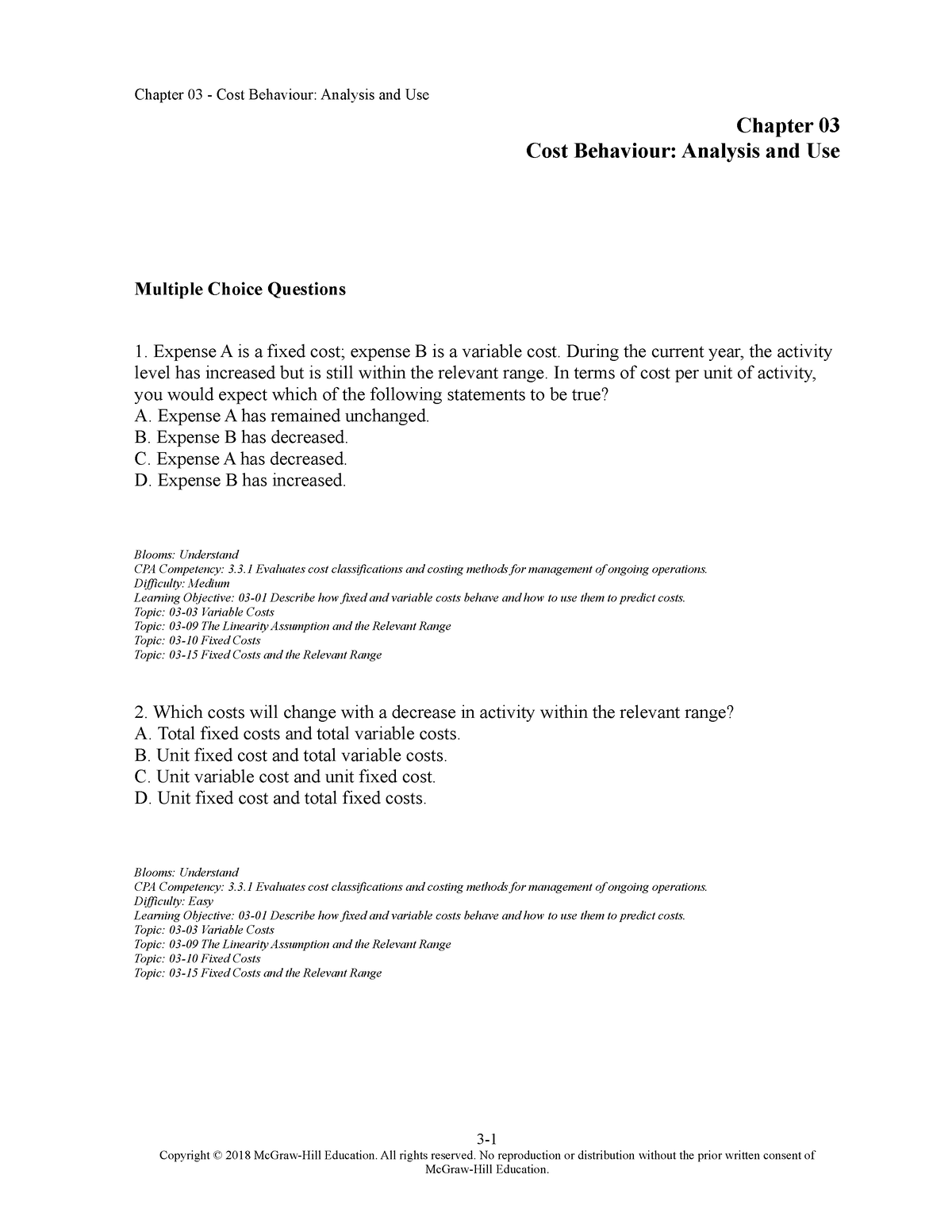 Accounting Chapter 3 Test Question Chapter 03 Cost Behaviour 