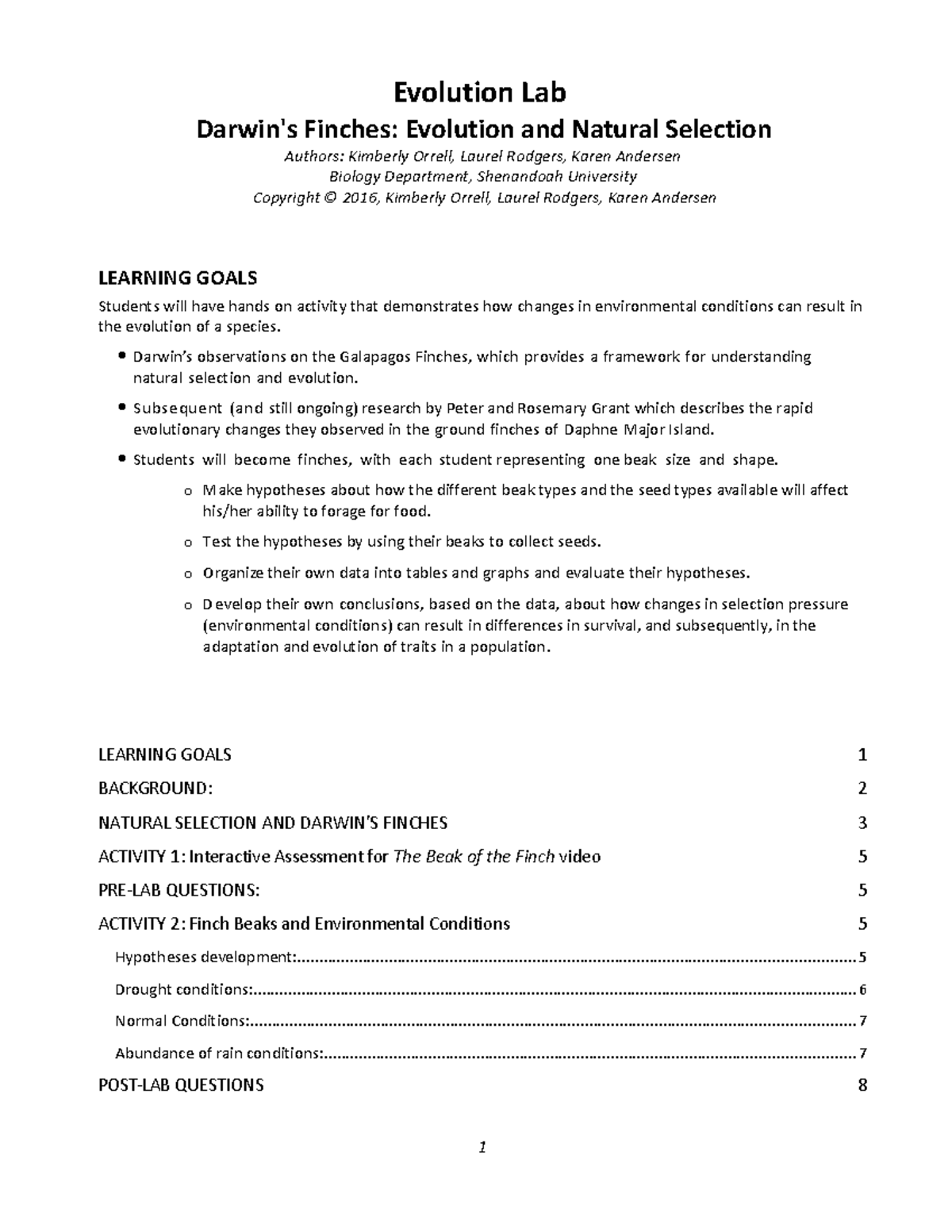 F21 09 Evolution (Finch) Packet Evolution Lab Darwin's Finches