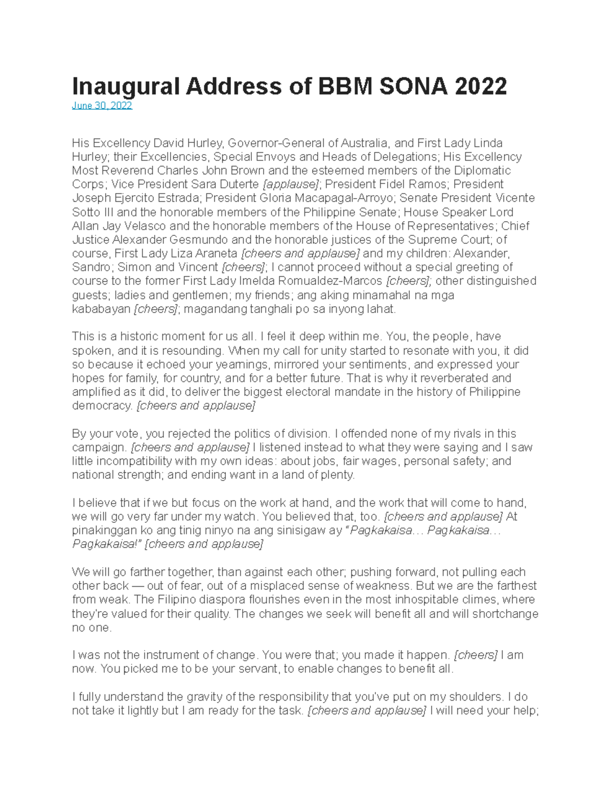 Inaugural Address of BBM SONA 2022 This is a historic moment for us