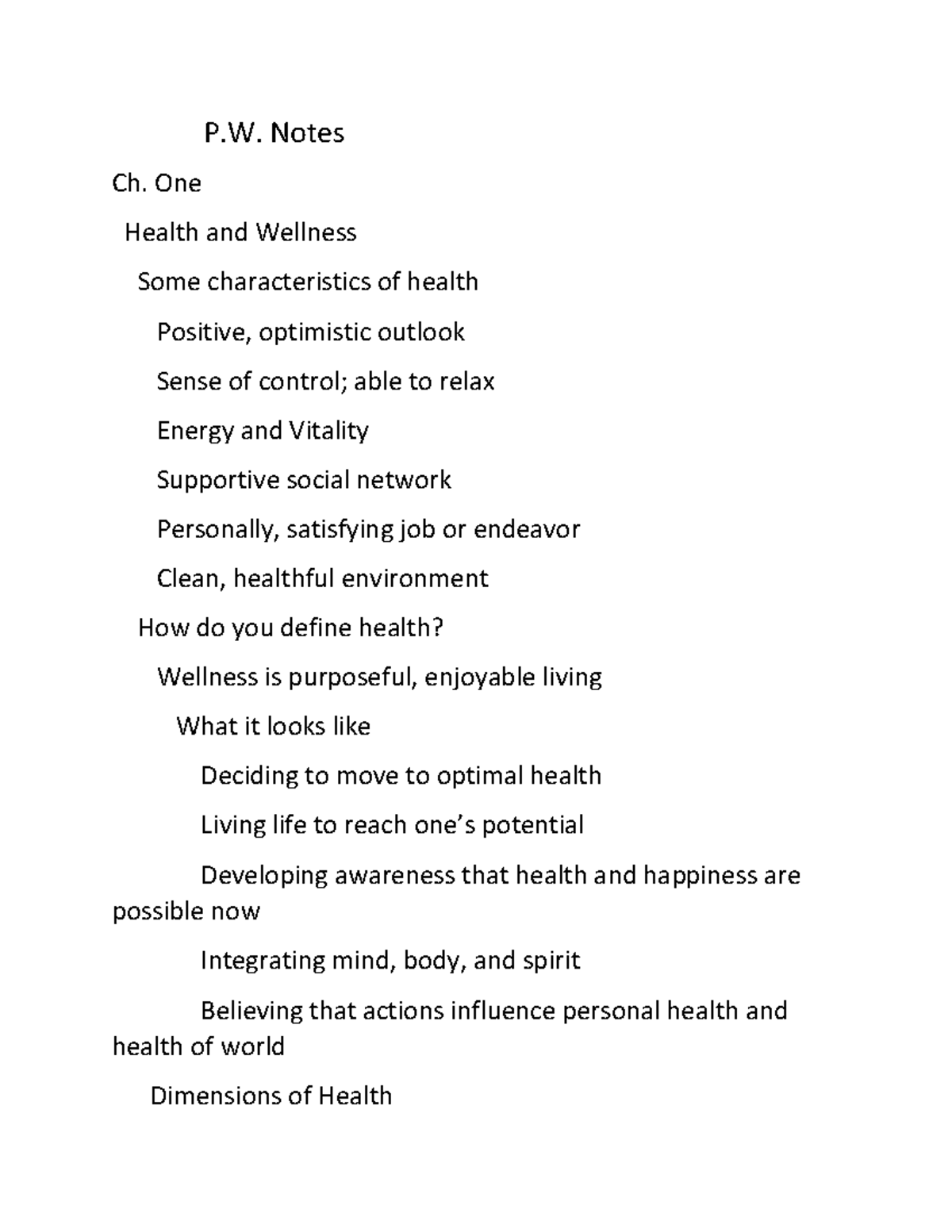 P.W. Notes - Don't copy - P. Notes Ch. One Health and Wellness Some ...