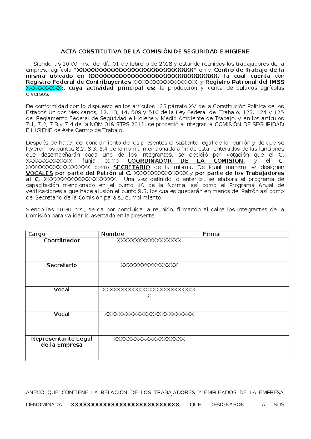ACTA Constitutiva DE LA Comision DE Seguridad E Higiene - ACTA ...
