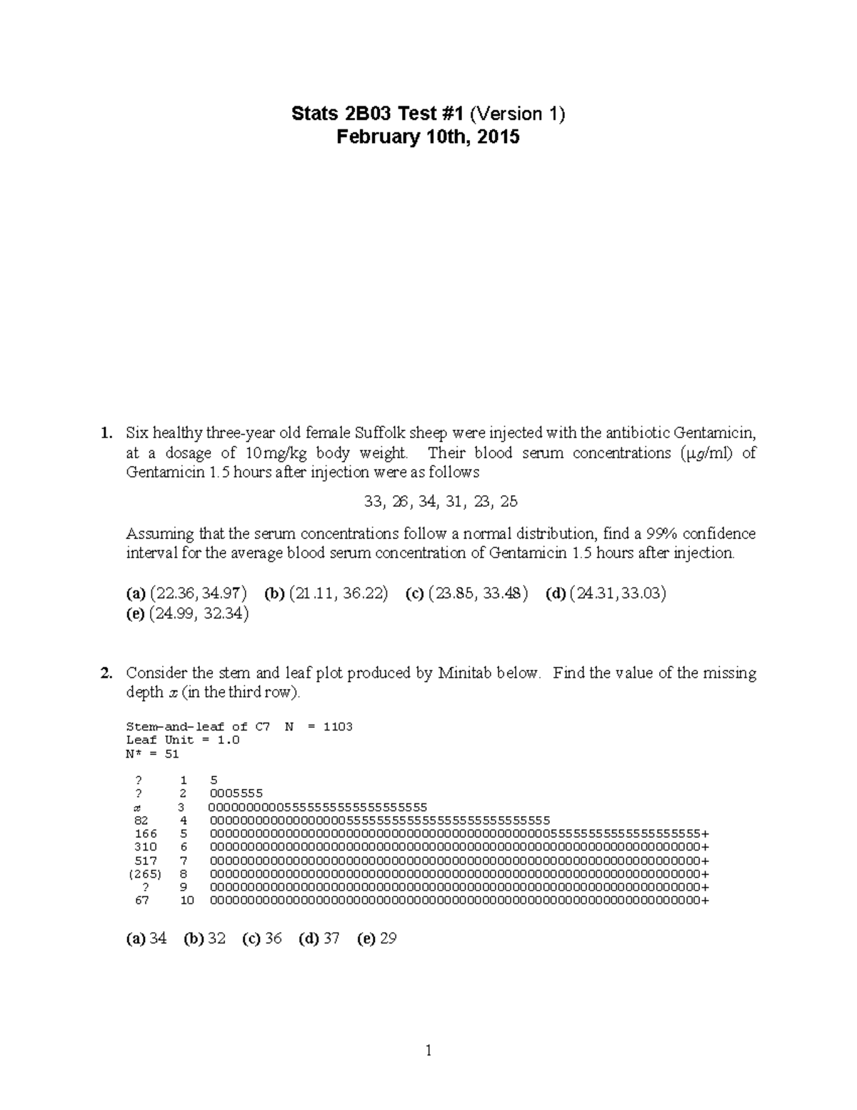 Midterm 2015, Questions And Answers - Stats 2B03 Test #1 (Version 1 ...