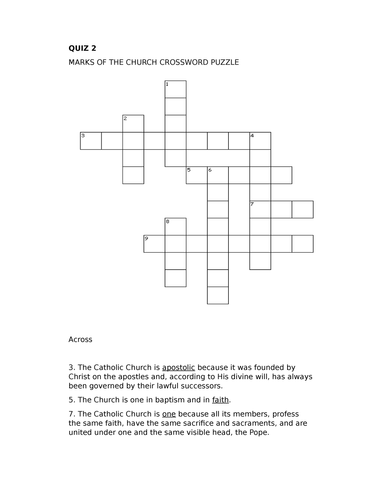Puzzle church Rufino QUIZ 2 MARKS OF THE CHURCH CROSSWORD PUZZLE