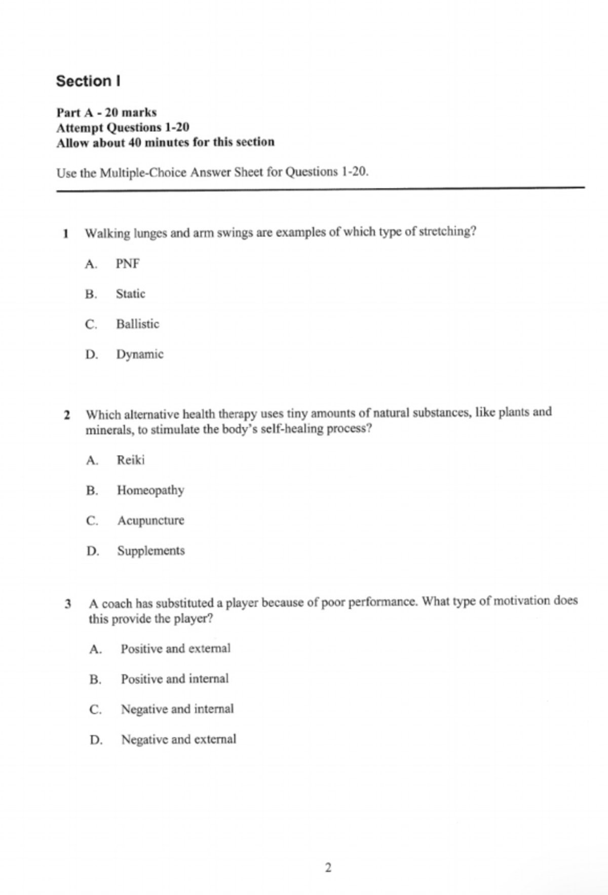 CSSA 2021 MCQ - CSSA 2021 MCQ PDHPE - Section I Part A 20 marks Attempt ...