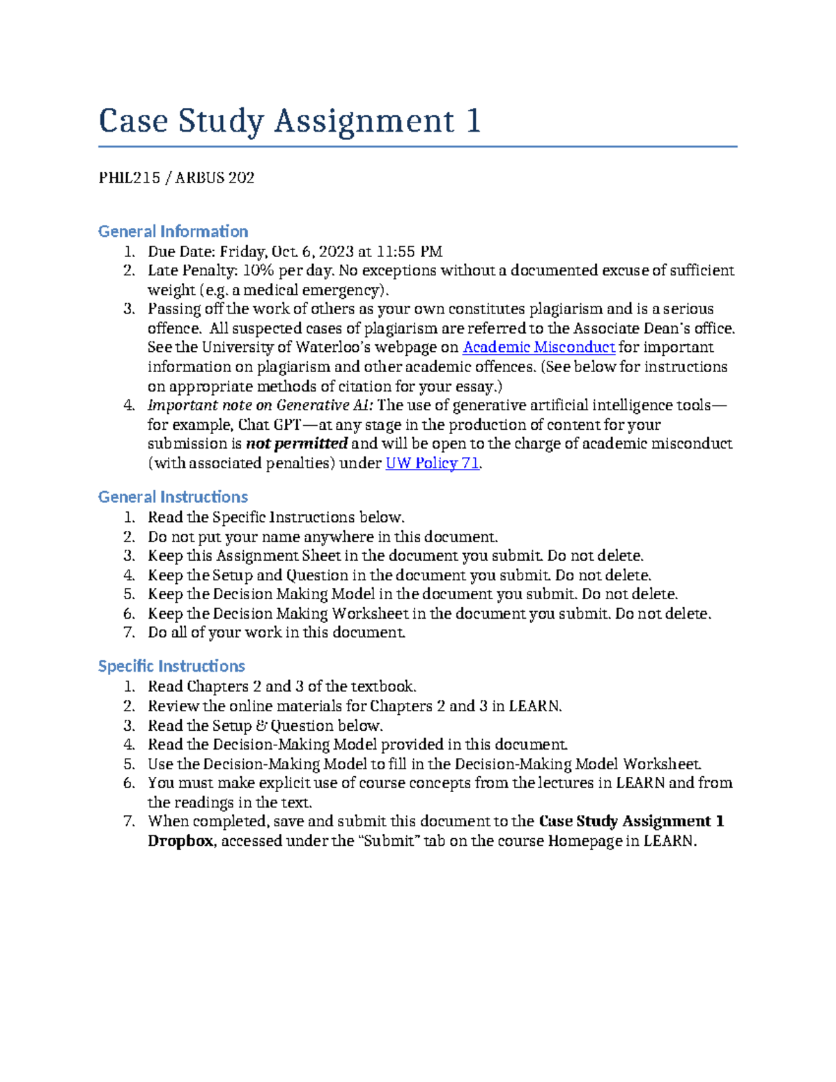 215 202 Assign 1 F23 - Case Study Assignment 1 PHIL215 / ARBUS 202 ...