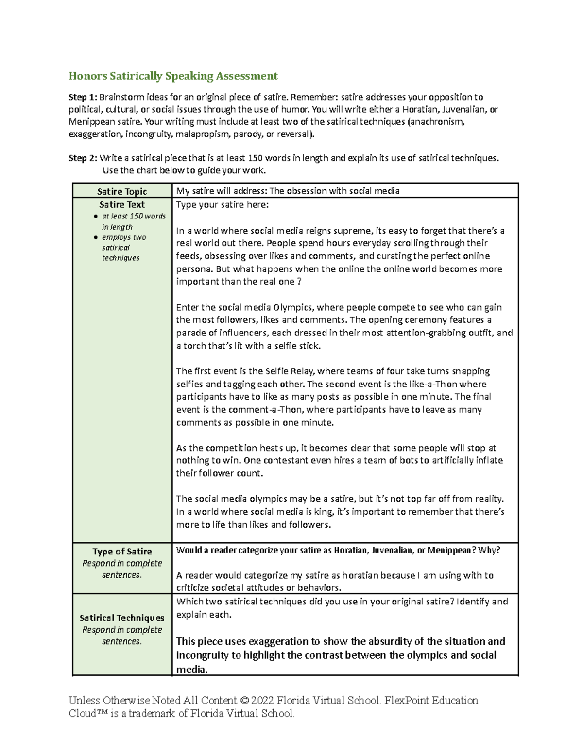 Satirically speaking rubric - Honors Satirically Speaking Assessment ...