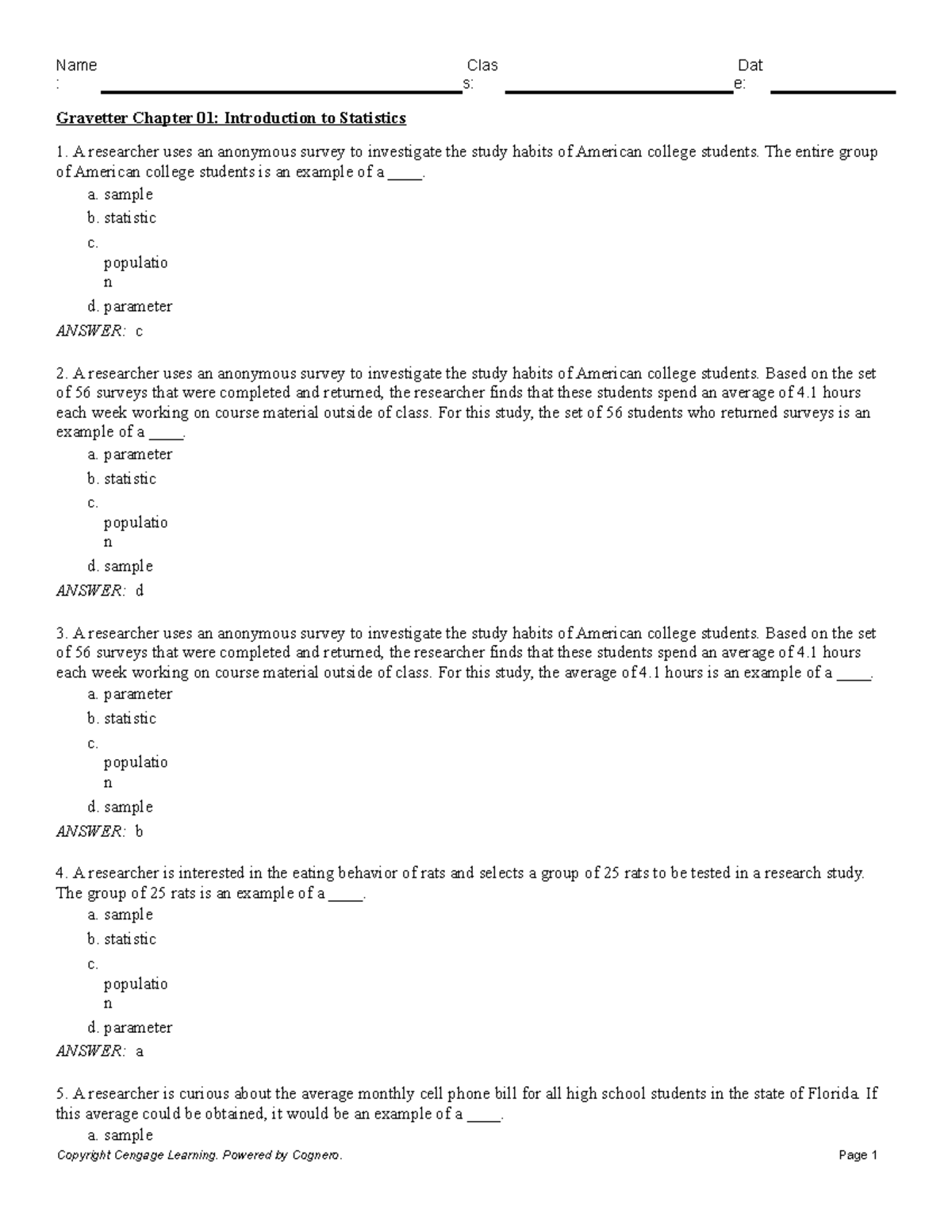 Gravetter Chapter 01 Introduction to Statistics - : s: e: Gravetter ...