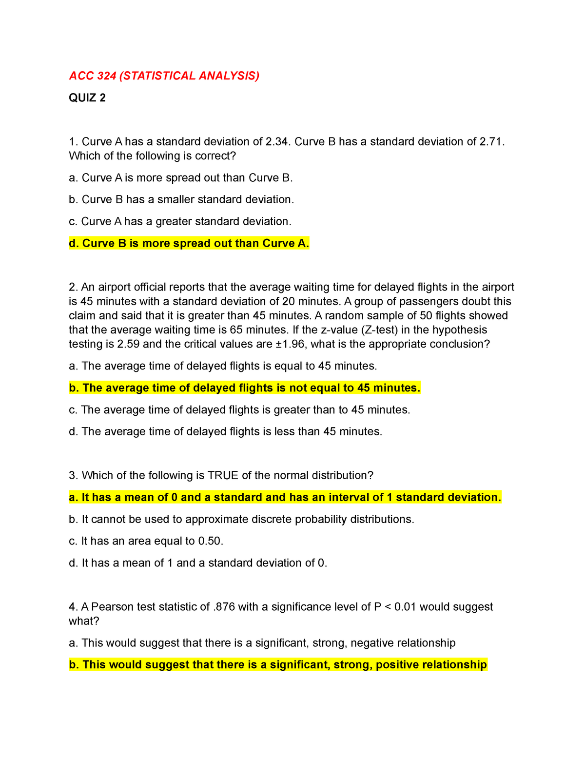 ACC 324 ( Statistical Analysis) - Quiz 2 - ACC 324 (STATISTICAL ...